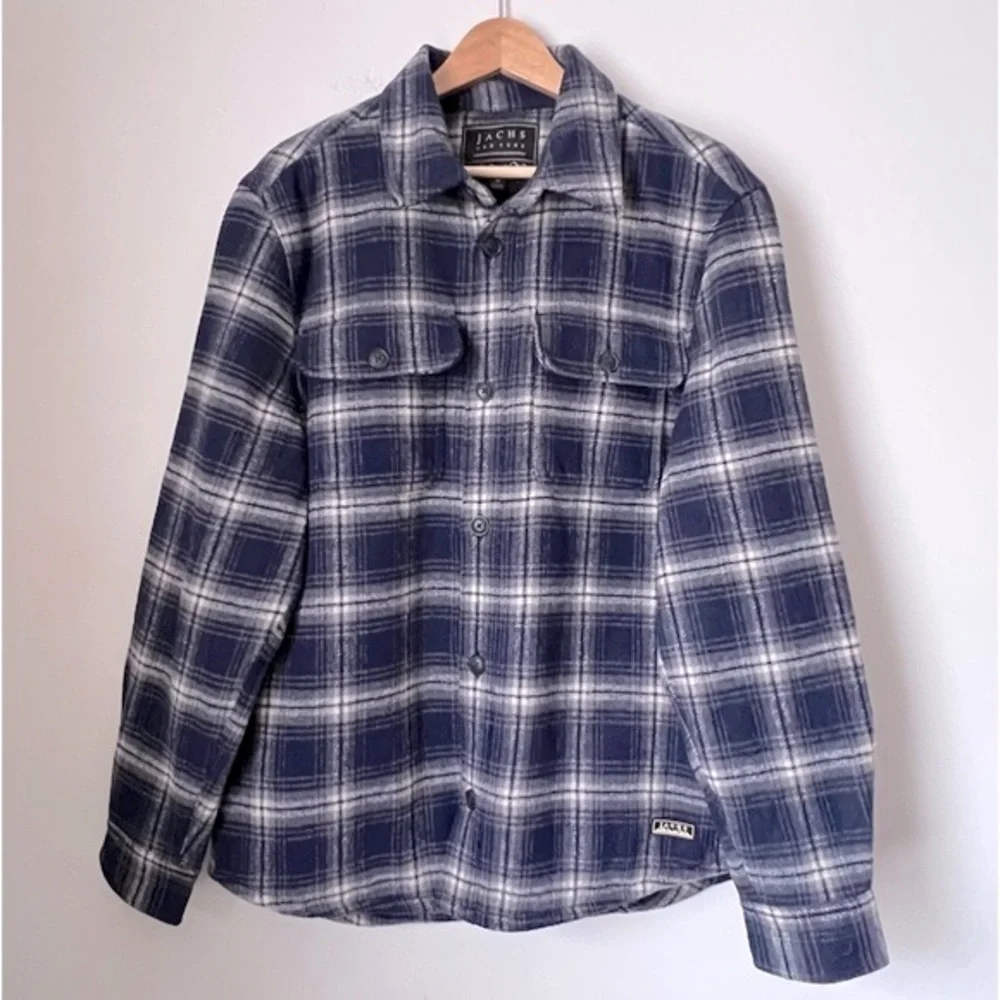 JACHS Men's Plaid Thick Quilted Blue Shirt Jacket Wool Blend Lumberjack Layering